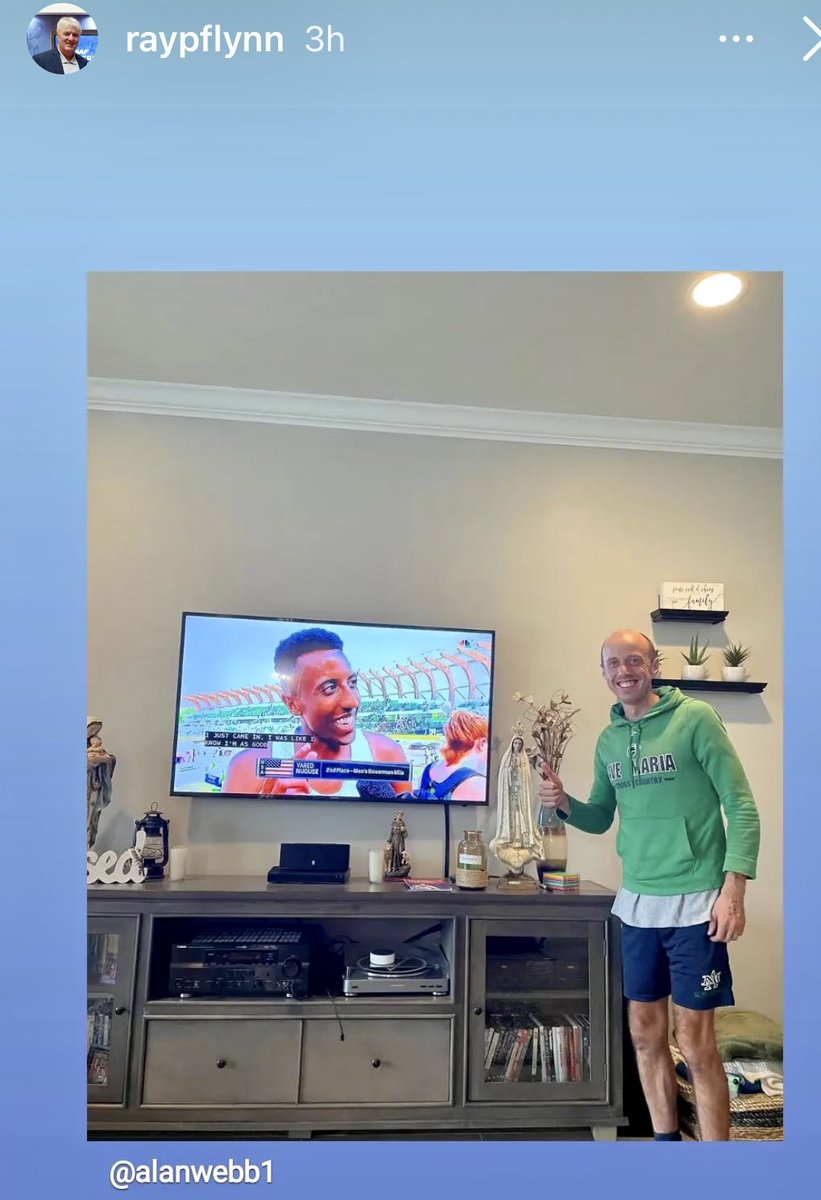 RunBlogRun's tweet photo. Alan Webb, former AR at mile, 3:46.91, watching Yared Nuguse, who just broke AR at 3:43.97, from manager #RayFlynn, #nikepreclassic https://t.co/YzgaL6eVJs