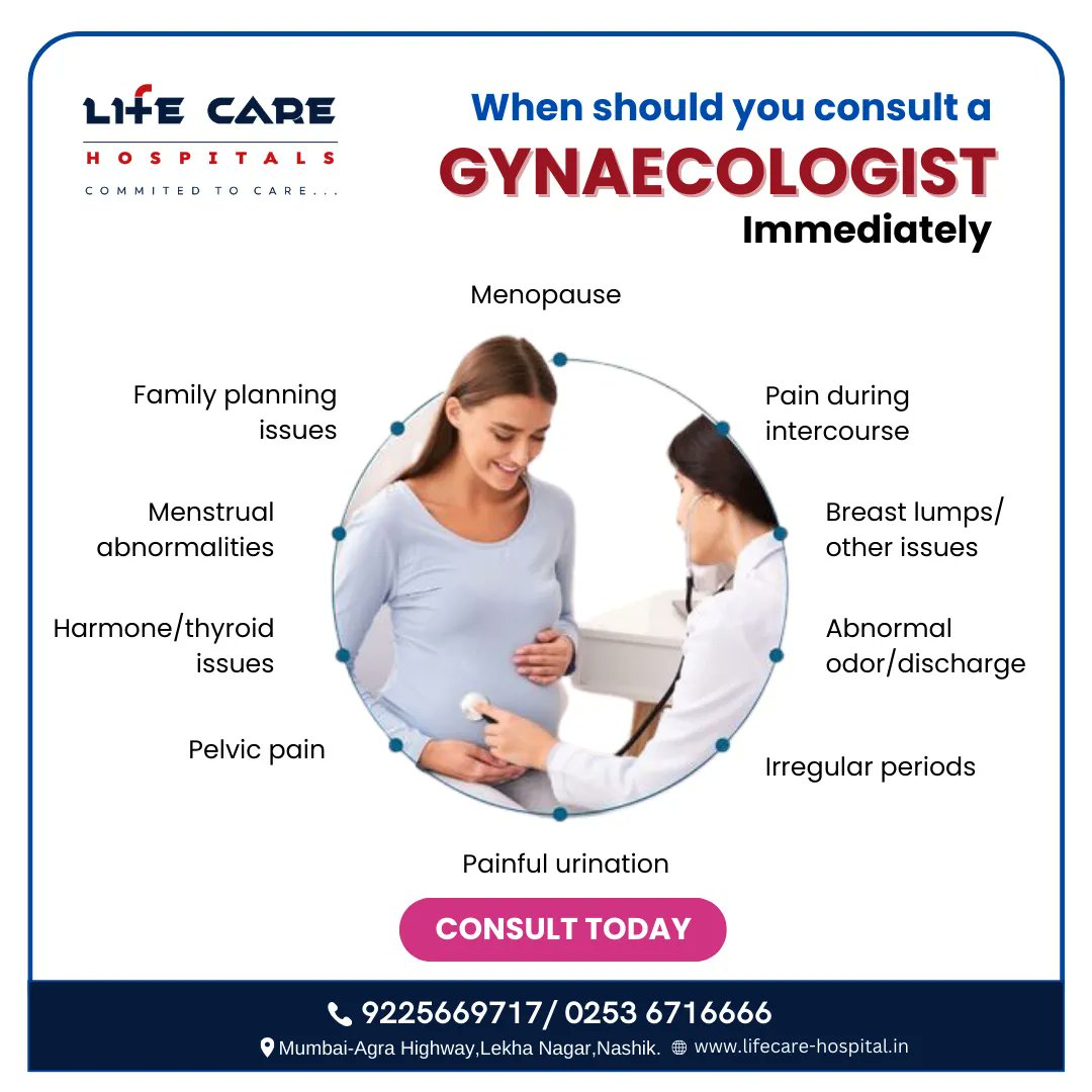 Remember, if you're ever uncertain about a symptom or condition, it's always better to seek prompt medical advice. Your #gynecologist is there to help address your concerns and provide appropriate care.

for more details, contact us : 9225669717

#LifeCareHospitals #Nashik