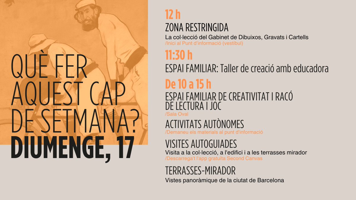 MuseuNac_Cat's tweet photo. Avui diumenge al MNAC us espera una visita a al Gabinet de Dibuixos, #ZonaRestringida, amb el seu cap @fqcorella, i una activitat pels que veniu #EnFamília. Però si el que voleu és relaxar-vos, una caminada tranquil·la x les sales val la pena.
#PatrimoniGràfic #capdesetmanaMNAC https://t.co/XetKJuy1ka
