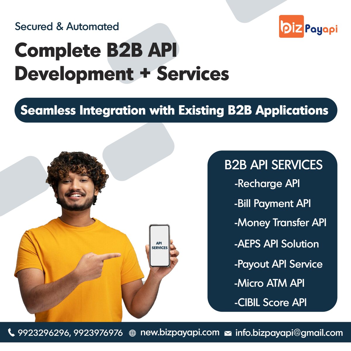 Complete B2B API Development Services.
.
.
.
.
.
.
. 

#rechargeapi #billpayments #moneytransfer #aepsapi #payoutapi #microatmapi #CIBIL