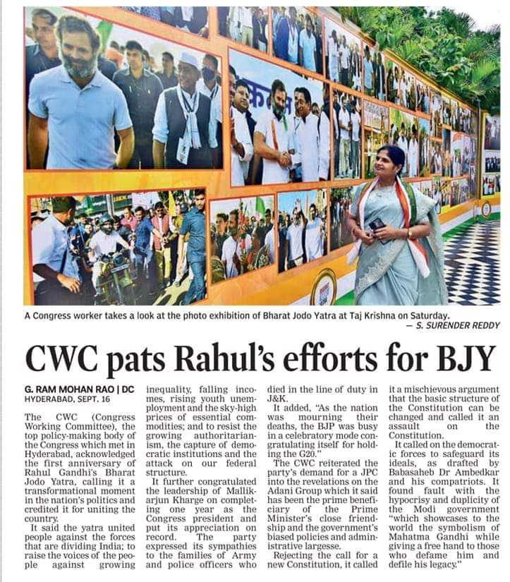 sujathakalvaINC's tweet image. Photo exhibition of Bharat Jodo Yatra at Taj Krishna 
Today DC paper article
#CWCMeetingHyd