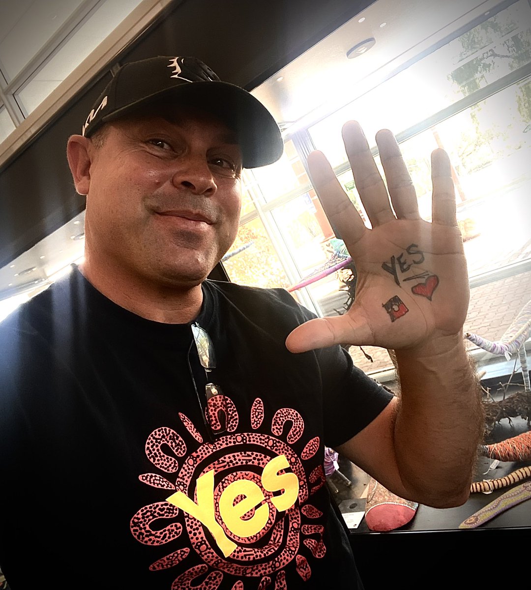 CamCostello73's tweet photo. I’m voting #Yes for my Ancestors &amp; Elders past &amp; present 
Yes = unity  
Yes = progress 
Yes = a positive step to success 
😁✅🪃❤️🖤💛 @ulurustatement @yes23au #CloseTheGap @mdavisqlder https://t.co/9sFE5NzWnA