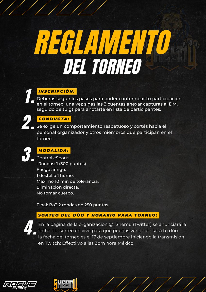 🦁#Torneo 2vs2 

Llegó el día, hoy 17 de septiembre arrancamos transmisión a las 3 pm en el canal de nuestro #CEO @Soy_Efectivo vía #twitch 

Mucha suerte a los participantes y que gane el mejor dúo!
PD: si no se reporta tu dúo podrás tener otras alternativas 👀

#WeAreShesmu