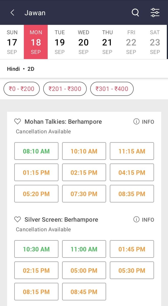 #JawanAdvanceBooking IS ON RAMPAGE MODE 🔥 

All Shows Has Been Sold Out In Berhampore (West Bengal) Today. Even All Tomorrow's Shows Has Been Sold Out/FF Mode.

#Jawan Is Not A Movie Its A Wave 🔥