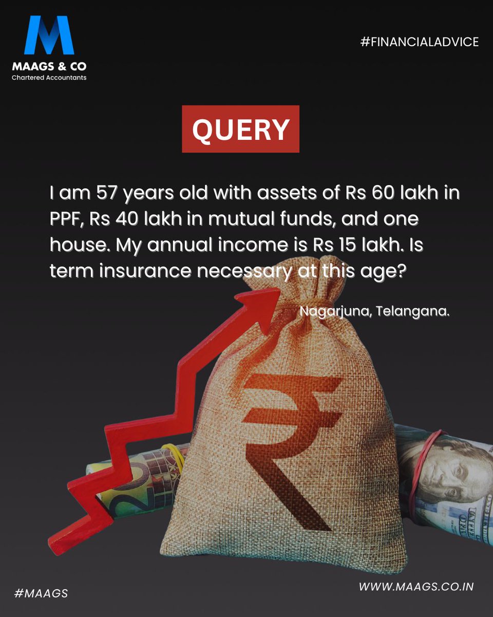 maagsandco's tweet photo. 🤔💰 "Ask an Expert" - #Nagarjuna from #Telangana seeks advice! With assets of Rs 60 lakh in PPF, Rs 40 lakh in #mutualfunds, and an annual income of Rs 15 lakh, is term  necessary at 57? 🏡💼 #Financialadvisor suggests assessing liabilities and goals to make an informed https://t.co/jrQMeXUYu7