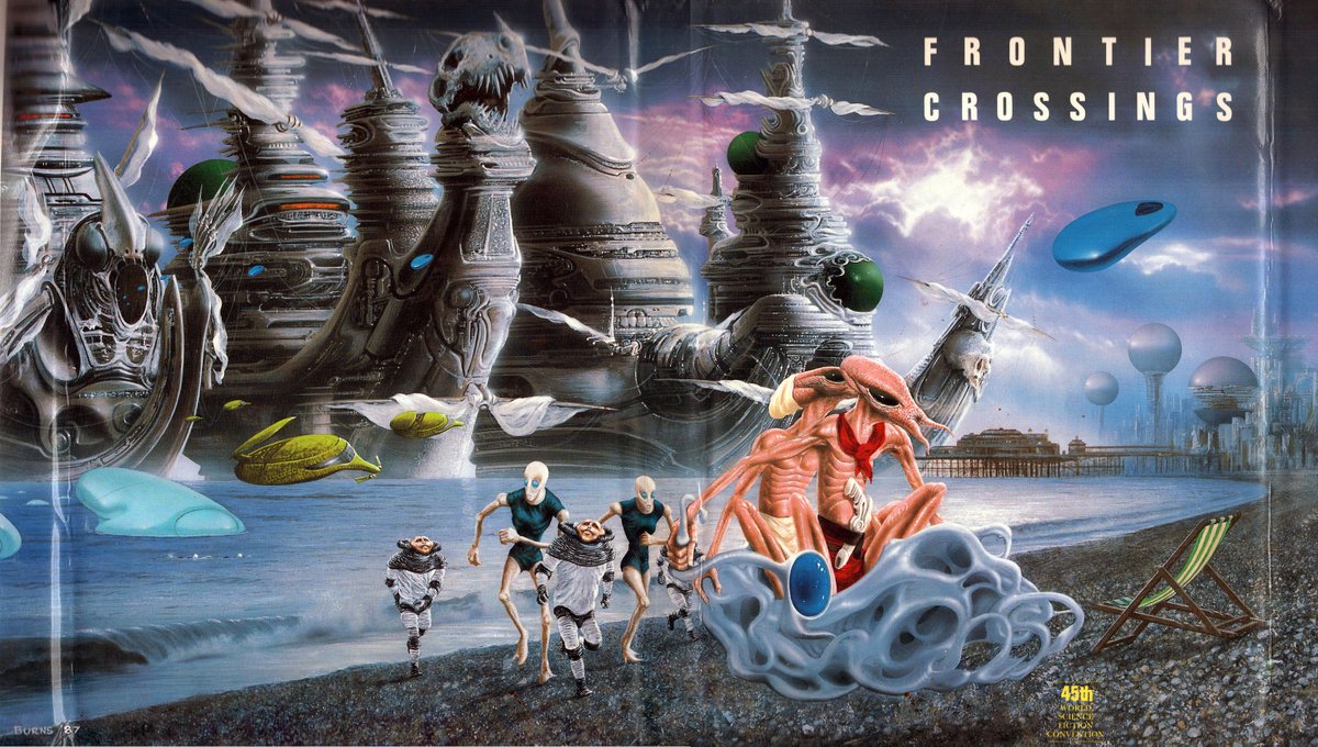 mavmaramis's tweet photo. Robert Jackson, Frontier Crossings, Science Fiction Conventions Ltd., 1987. Cover: Jim Burns. Worldcon Program Books no. 45. #BookCover #RobertJackson #JimBurns #frontier #crossings #Brighton #convention #sciencefiction @thatsgoodweb @afrocosmist @retroscifiart @doberes https://t.co/NaeeBQqAjf