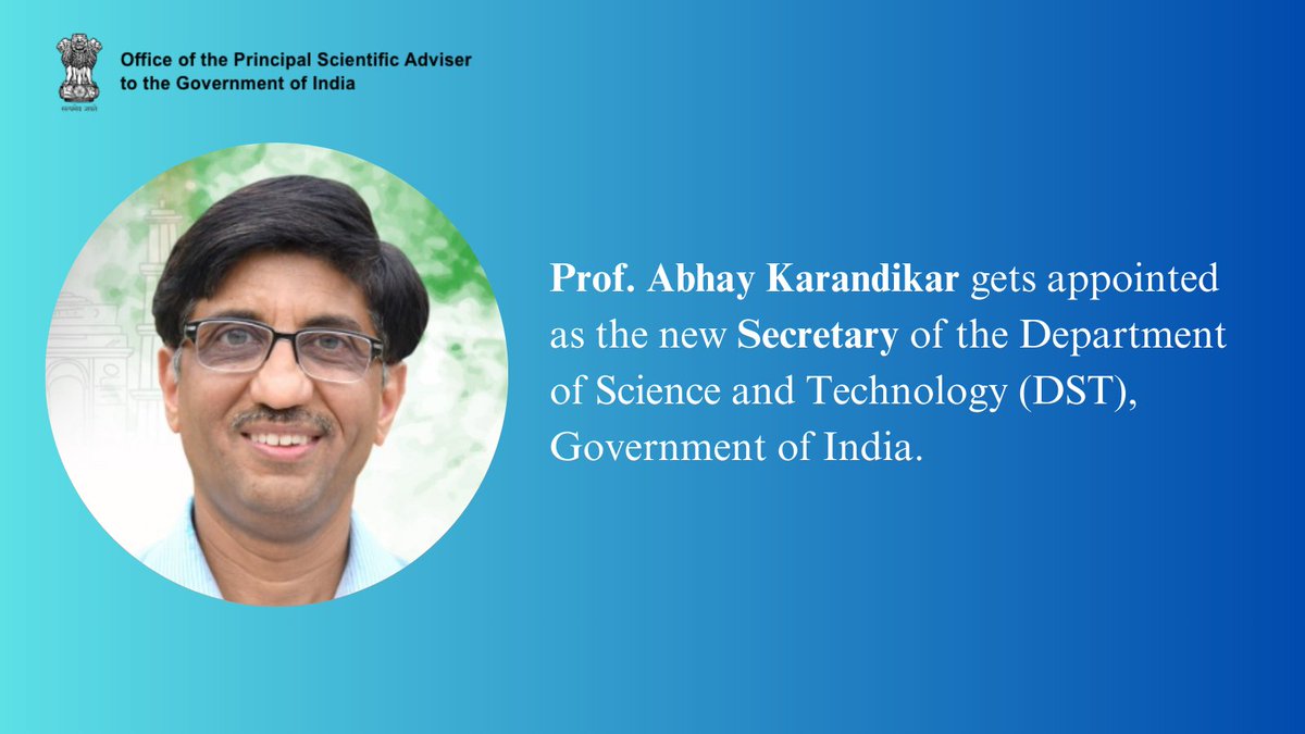 PrinSciAdvOff's tweet image. The Appointments Committee of the Cabinet approves the appointment of Professor Abhay Karandikar to the post of Secretary, Department of Science &amp;amp; Technology @IndiaDST. He is currently serving as Director, IITK @IITKanpur.