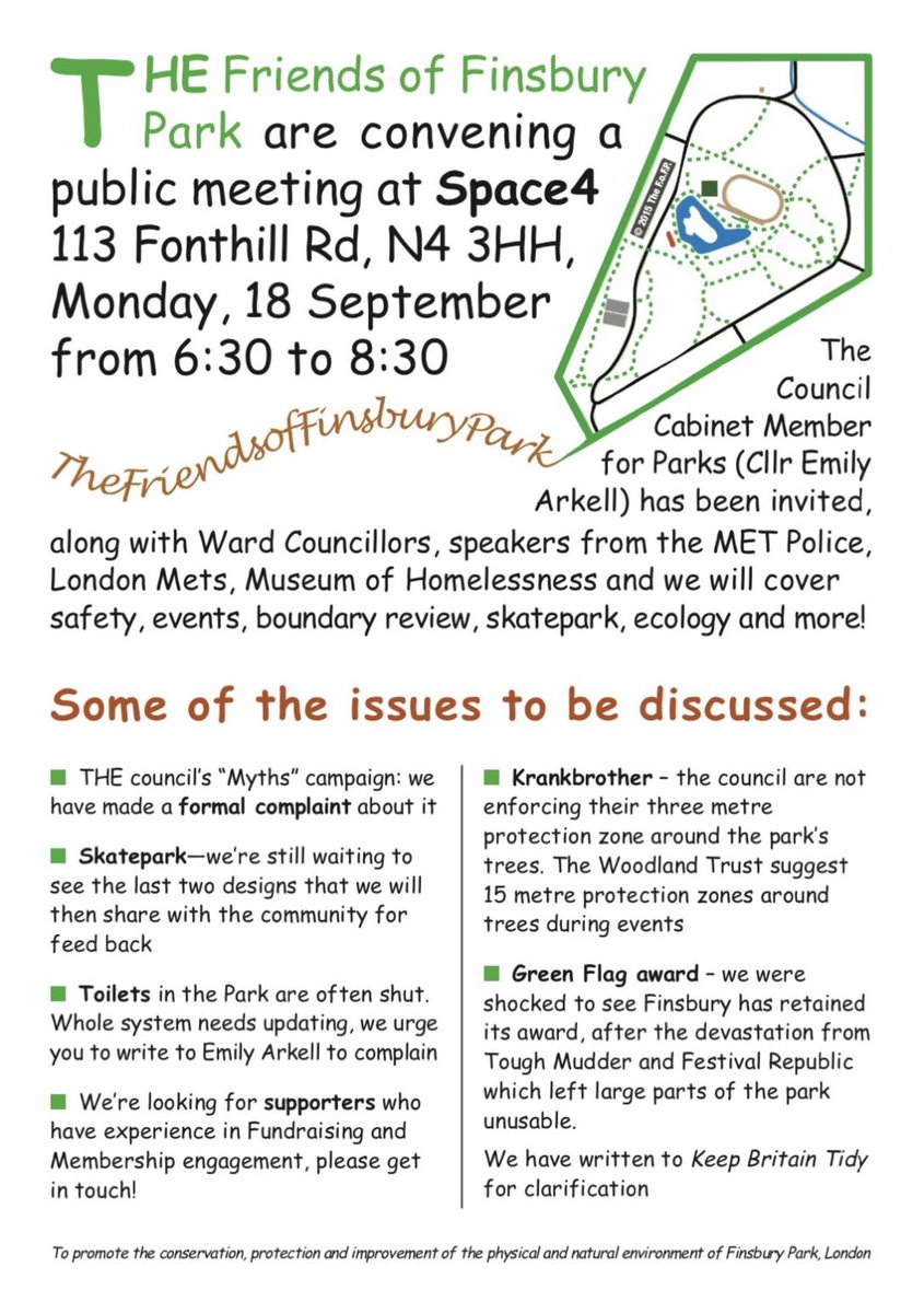 🚨JOIN US!🚨 COMMUNITY MEETING THIS MONDAY AT SPACE4 on FONTHILL RD. We have @ekarkell Cab Member for Parks, Parks Officers and Ward Councillors joining us. UPDATES FROM @metpoliceuk @LondonMets @our_MoH @Finsburyplaza Q&As on Boundary Review, Events, Ecology and more.