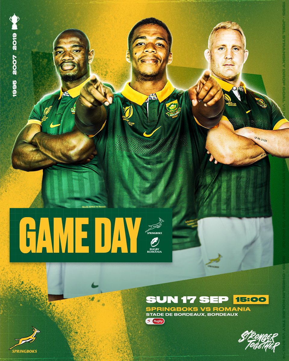 Springboks's tweet image. Game Day in Bordeaux 🏉

The #Springboks face #Romania for only the second time ever. 

Catch the action live on SuperSport 📺

#StrongerTogether #RWC2023