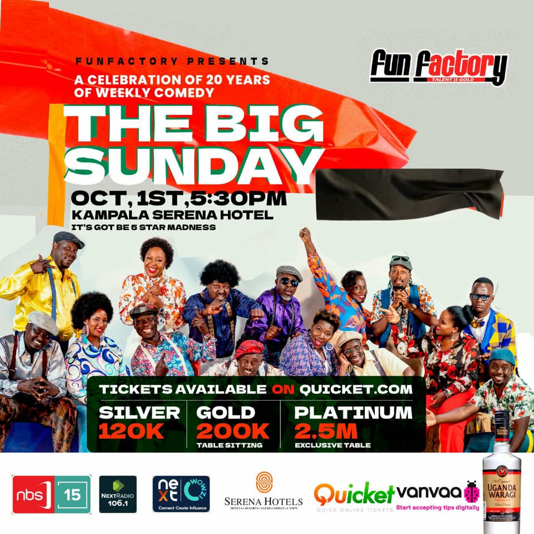 BesciMbbbank's tweet photo. Fun Factory, Uganda’s comedy group, will be celebrating 20 years of weekly comedy shows with the Big Sunday comedy show happening on October 1, 2023, at the Kampala Serena Hotel.
#fanfactory
#ugandafilms
@FunFactory256 https://t.co/mThAcEjHks