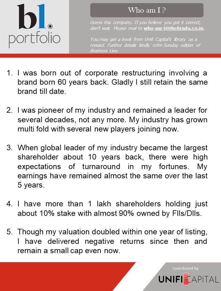 Hi Guys, Thank you for your active participation.  

The correct answer for the last post was Clean Affle India.  

Guess this company, based on the clues given below. 

Winners will get a book from Unifi Capital's library of title collections.

<a href="/businessline/">businessline</a>

<a href="/BlPortfolio/">BL Portfolio</a>