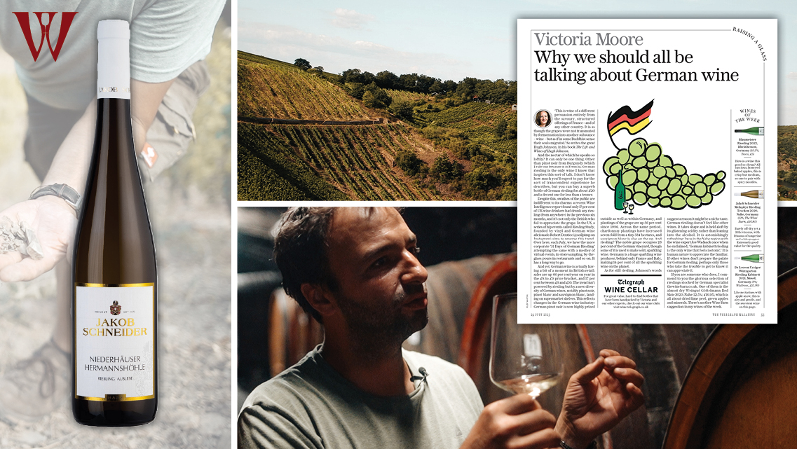🥂Raise a glass to Riesling! We're pleased to see that Jakob Schneider's 2020 Niederhäuser Herrmannshöhle #Riesling dry made ‘Wine of the Week’ in @Victoria Moore’s (@PlanetVictoria) @dailytelegraph ‘Wine Cellar’ column recently. the-winebarn.myshopify.com/blogs/news/rai…