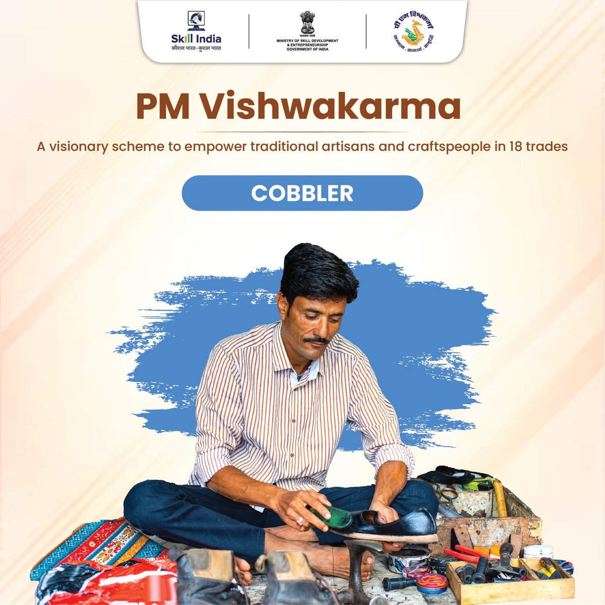 MSDESkillIndia's tweet photo. Thanks to PM Vishwakarma, our cobbler Vishwakarma, can now step up their game with skill upgrades, modern tools, and financial support. Now, they can put their best foot forward to hone their craft! 
#PMVishwakarma #MSDE #Artisans #SkillIndia #Skills4All https://t.co/blm6CO6GHn