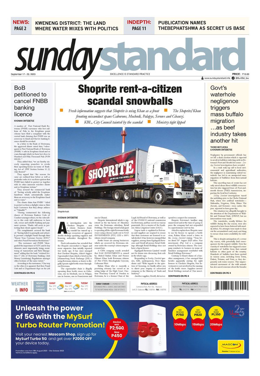 Sunday Standard Botswana (@sunstd_bw) on Twitter photo Pick up the latest copy of <a href="/SunStd_bw/">Sunday Standard Botswana</a> in stores or Visit sundaystandard.info to subscribe and access our digital copy. Pick up the latest copy of <a href="/SunStd_bw/">Sunday Standard Botswana</a> in stores or Visit sundaystandard.info to subscribe and access our digital copy.