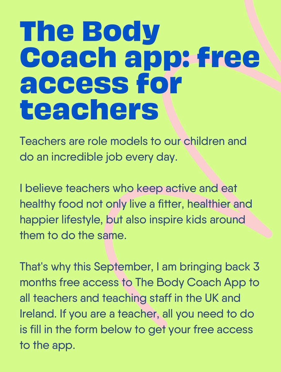 Calling all teachers and teaching staff 👋  Don’t miss it!

We want you to be fitter and healthier than ever this year, so we're giving you all 3 months on the Body Coach App absolutely FREE 🙌

Get the app here for free: bit.ly/3EhtVxm