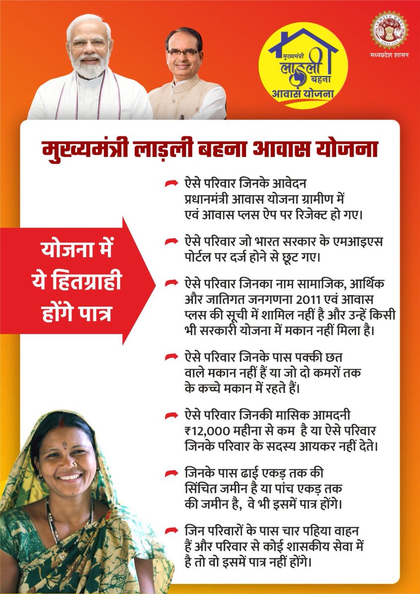 "मुख्यमंत्री लाड़ली बहना आवास योजना" का शुभारंभ
---
योजना के लिए 17 सितंबर से 5 अक्टूबर 2023 तक भरे जाएंगे फॉर्म।

ये होगी पात्रता 👇

#मुख्यमंत्री_लाड़ली_बहना_आवास_योजना 
#JansamparkMP