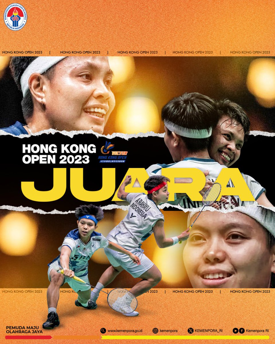 KEMENPORA_RI's tweet photo. APRIYANI RAHAYU, SITI FADIA SILVA RAMADHANTI
🥈BWF World Championship 2023
🥇Hong Kong Open 2023
🔜 Asian Games Hangzhou 2023
It's still counting!

#HongKongOpen2023
#Kemenpora
#PemudaMajuOlahragaJaya https://t.co/2Vjs39hgAd