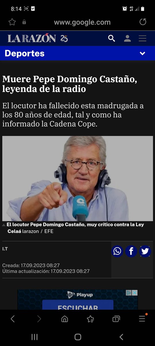 Anarquia123123's tweet photo. Hoy es un día triste porque se nos a ido Pepe Domingo Castaño.El maestro de la 📻 deportiva y al q he escuchado desde mi infancia,siempre con su amigo Paco González. Primero en la ser y luego en la cope .D.E.P🕯 Dejo la intro de carrusel y discurso de Pepe al empezar en la cope. https://t.co/pJ7SiCbbE4