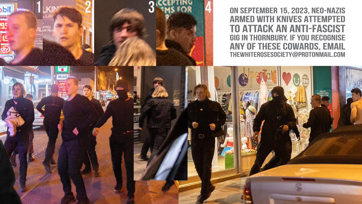 On September 15, 2023, neo-Nazis armed with knives attempted to attack an anti-fascist gig in Thornbury. If you recognise any of these cowards e-mail us thewhiterosesociety@protonmail.com. Please RT and share in your networks.