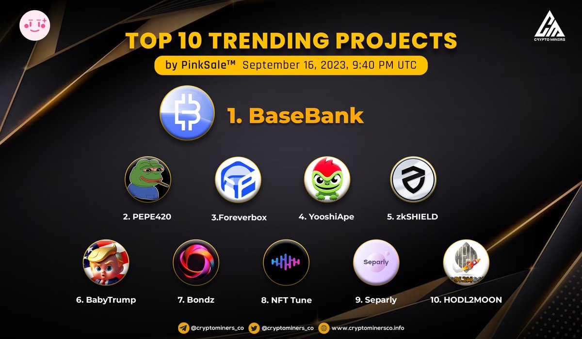 CryptoMiners_Co's tweet image. 🏆 TOP 10 TRENDING PROJECTS on #PinkSale 

🥇 $BBANK - @BankonBasexyz
🥈 $PEPE420 - @PepeToken420
🥉 $FBOX - @ForeverBoxtoken
4⃣ $YOOSHIAPE - @YooshiApe
5⃣ $ZKSHIELD - @zkshield_
6⃣ $BABYTRUMP - @BabyTrump_ETH
7⃣ $BONDZ - @Bondzapp
8⃣ $TUNE - @Nfttune_main
9⃣ $SEPARLY -…