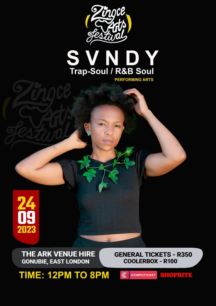 ZingceArtsFest's tweet image. Ladies and gents..... S V N D Y 🔥👏🏾🙌🏾

Catch her live performance at the #ZAF2023 on Sunday 24th September 2023 🥳💃🏾✨

Got your tickets yet?  🤷🏾‍♂️

Available on computicket.com and Shoprite outlets.

You really don't want to miss this one. 

Makwande mz'ontsundu.

🤲🏾