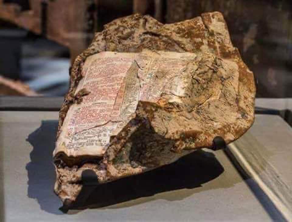 Gedung WTC di USA dibom teroris 11/8/2001 silam
Sebuah Alkitab ditemukan di antara puing reruntuhan gedung &amp; menempel bersama puing baja rangka gedung WTC yg meleleh akibat panasnya ledakan bom, dimana bagian isi Alkitab yg terbuka adl Matius 5:38-45 yg bicara jls ttg PENGAMPUNAN