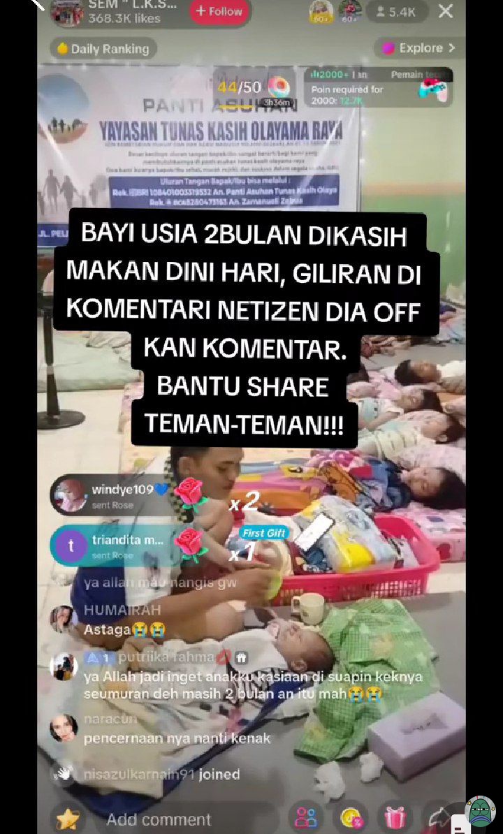 tanyarl

sering liat kan petugas panti yg live buat minta gift?

Jam 12 malam penjaga panti kasih makan bayi BERUSIA DUA BULAN sebanyak 1 mangkok BUBUR fortifikasi &amp; segelas air.😭
udh lapor wakil walikota medan &amp; bakalan ditindak tp ttp bantu up kasusnya guys biar cepet gerak