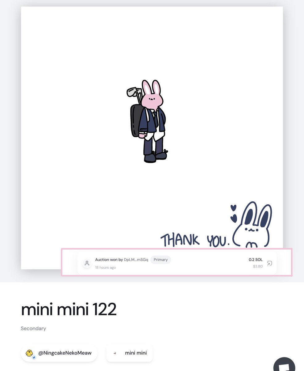Auction Winner!! mini mini 122
🏆@.DpLM…mSGq 🎉 Omg!!! Thank you for bidding 🐰💖

I’m so happy that you like my art 💕❤️

#exchgART #exchg #solanaart #SolanaNFTs #solana #nft #nftart #illustraion #NFTs #NFTCommunity #NFTdrops