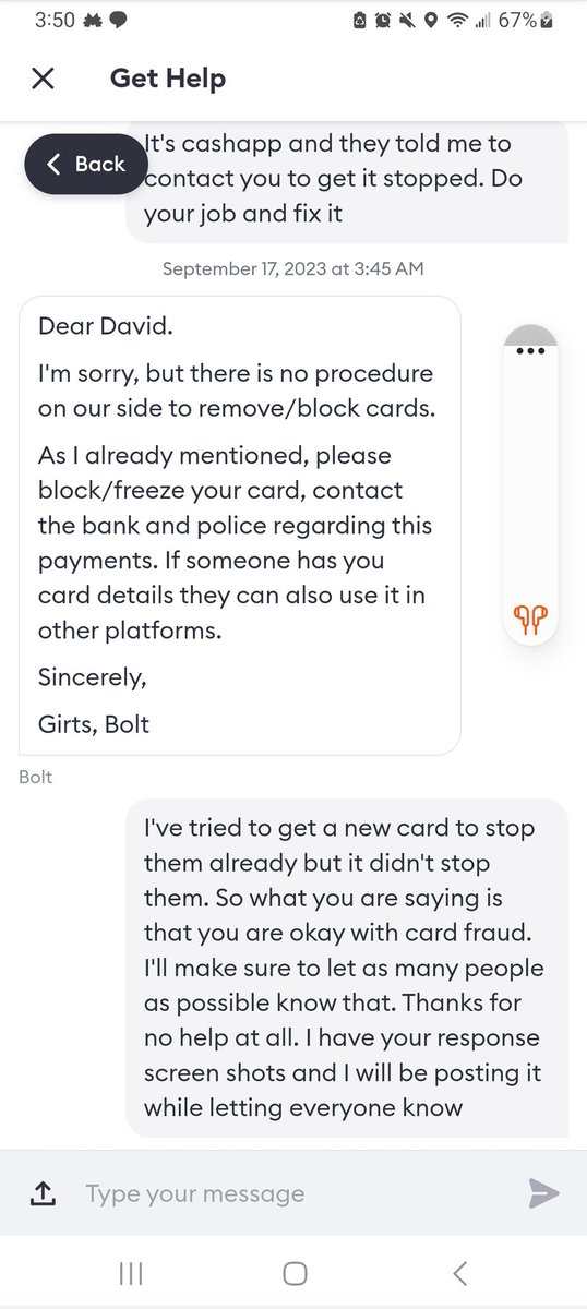 HonchellDavid's tweet image. Bolt is just fine with credit card fraud as you can see from their response to me contacting them about it