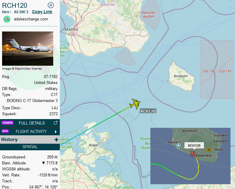 SirListenalot's tweet photo. ~0645z #C17 #AE20C3 as #RCH120 arrived at Bornholm, Denmark from Rota. It is expected to depart ~1000z back to Rota, Spain. Must be quite a view departing on a 2000 meter runway 🙂 https://t.co/Wf8zftAmac
