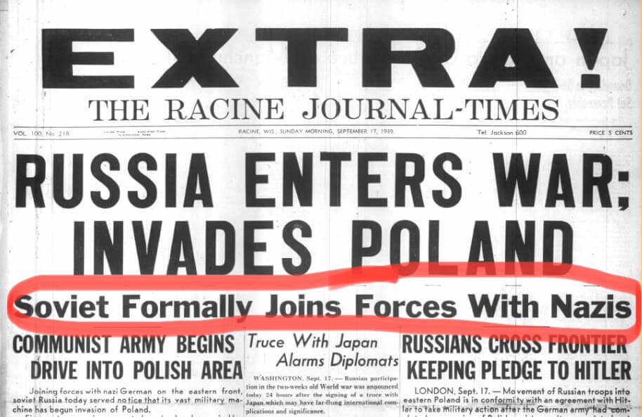 ChakhoyanAndrew's tweet image. Today is the day russia will fail to acknowledge for the 84th time that Stalin was the GREATEST NAZI COLLABORATOR in history 

On Sept 17, 1939, USSR invaded Poland, 16 days after Nazis did the same. All in accordance with the secret protocol of the Molotov–Ribbentrop Pact.