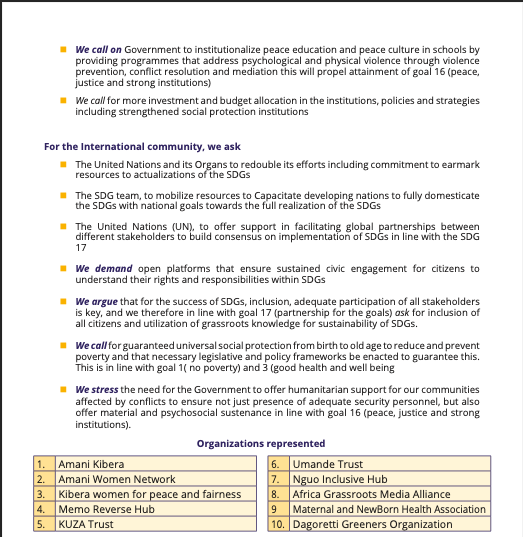 A communique was developed From Grassroots Civil Society Organizations (CSOs) in Nairobi-Kibera Informal Settlement on Localizing Sustainable Development Goals (SDGs) which will presented today during the Global People's Assembly at the #UNG2023