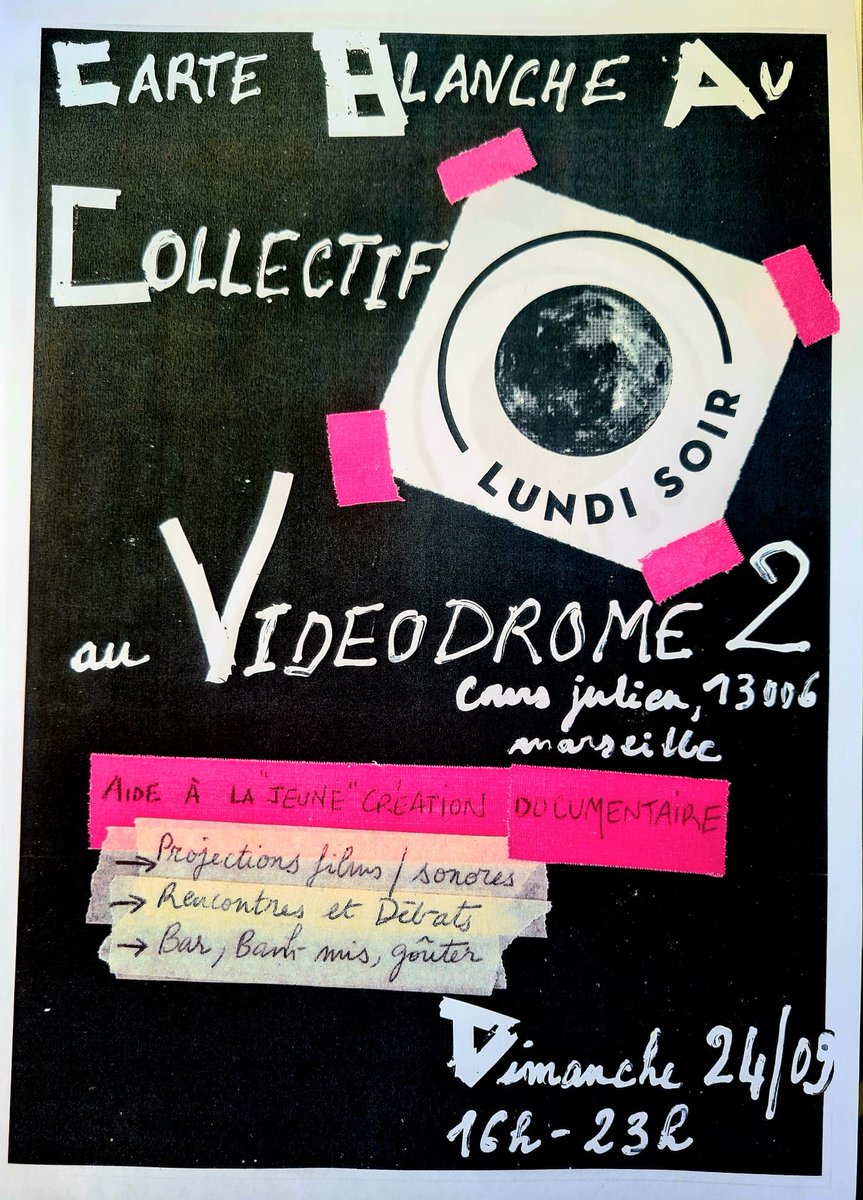 Journée de soutien à Lundi Soir • dimanche 24 septembre 2023 • Vidéodrome 2 (Marseille)
16h–17h30 · Rencontre en accès libre | Faire Collectif, à quoi ça sert ?
18h30-20h · Séance d’écoute
21h-22h30 · Programme de courts métrages
Cantine prévue par le collectif Lundi Soir