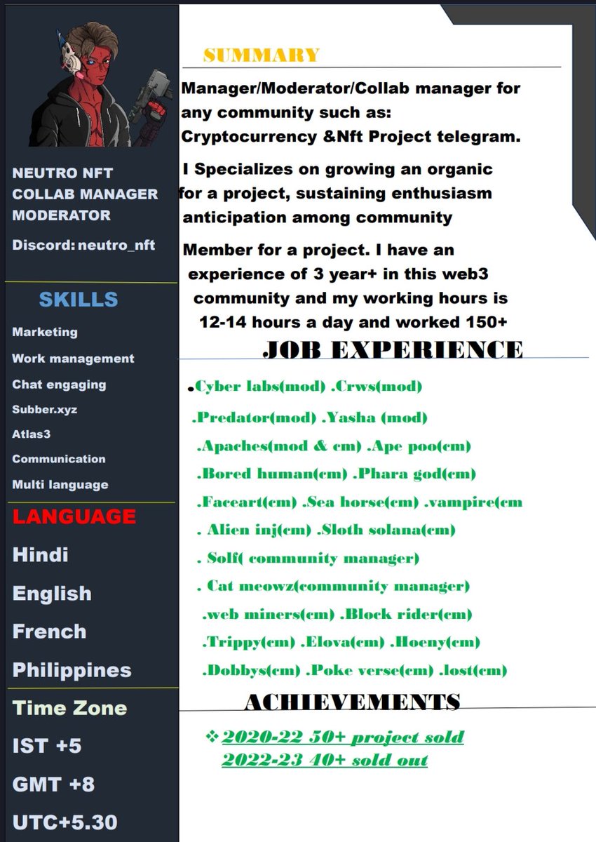 Updated my cv today!!
Hite me up for collab and jobs offers
Accepting job offers as a collab manager and moderator!! 🫡
#NFT #NFTCommunity #Solana #SOL #Eth #Polygon #PolygonNFTs #PolygonCommunity #PolygonMatic #INJ #Injective #jobsearch #JobHunt #job #hiring