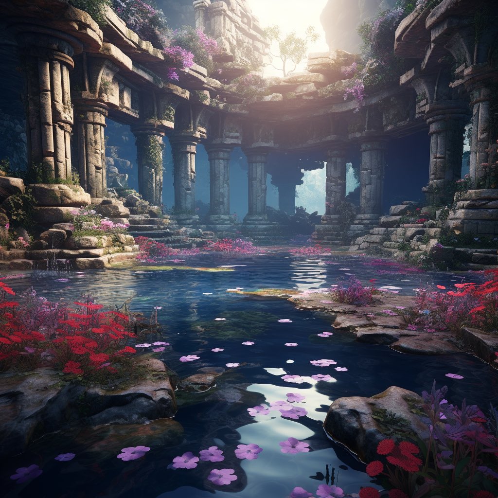 BryantLGriffin1's tweet image. Ancient greek ruins and a pond with abundant flowers. #midjourney #GenerativeAl #AlArtwork