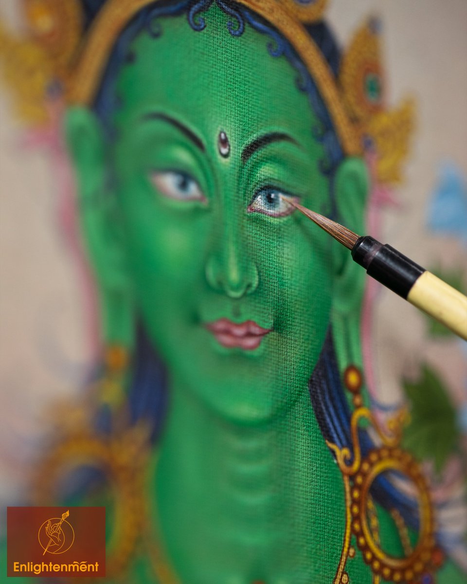 Enlighten88's tweet photo. Grace your space with the divine presence of Mother Green Tara Thangka – an exquisite masterpiece measuring 18" x 24", painted with natural stone colors and adorned with 24K gold.

#enlightenmentthangka #greentara #tara #mothertara #stonecolors #24kgold #enlightenmentstudio https://t.co/HuSvcbrr2b