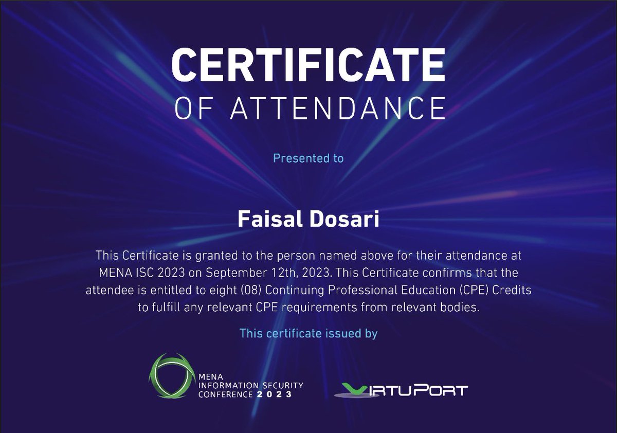I was pleased to attend and participate in the MENA Information Security Conference 2023.

I am happy to obtain such a certificate

MENA INFORMATION SECURITY 2023
#menaisc2023 
#security
#cybersecurity 
#mena
#SummarizeX