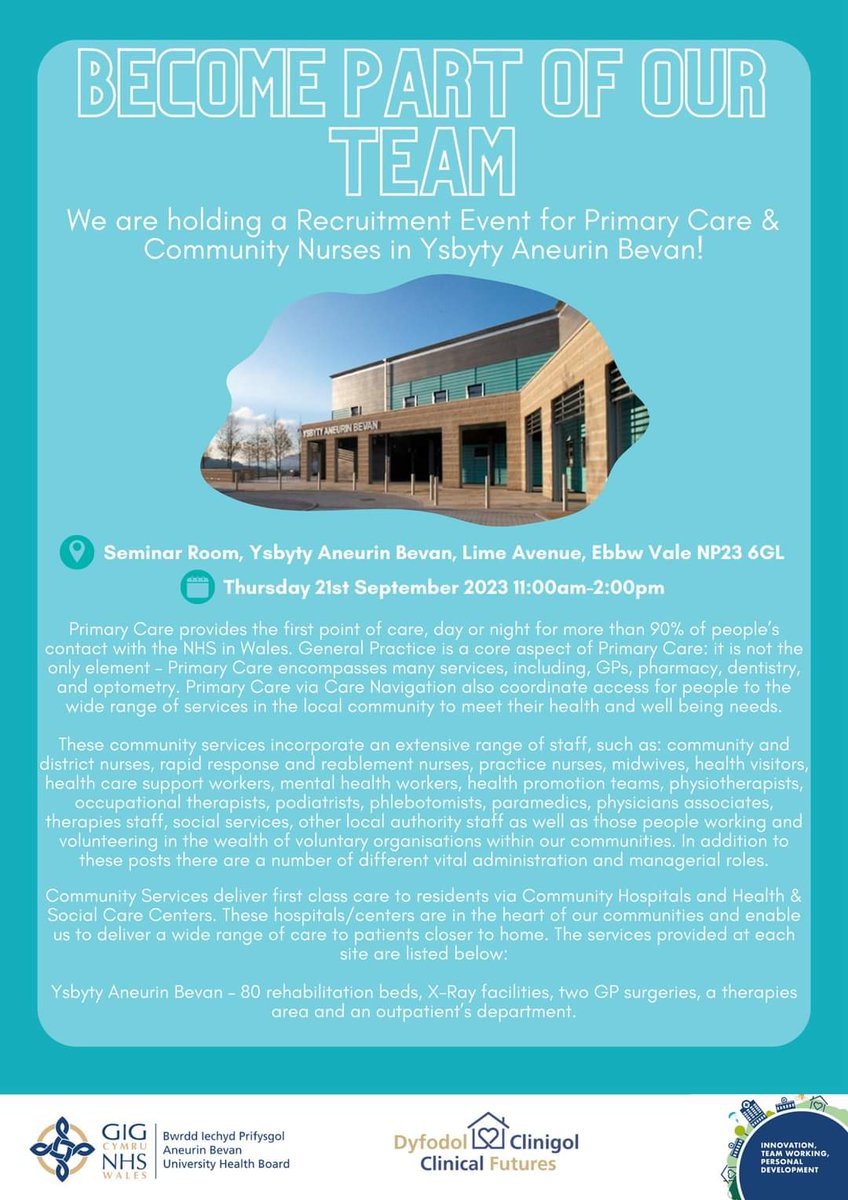 matronmorgs1's tweet photo. We are holding a Recruitment Event for Primary Care &amp; Community Nurses in Ysbyty Aneurin Bevan!
Come along and join us on Thursday 21st September 2023 11:00am-2:00pm in the Seminar Room in Ysbyty Aneurin Bevan to find out more information on how to join our team
@AneurinBevanUHB https://t.co/6EsQABzZJa