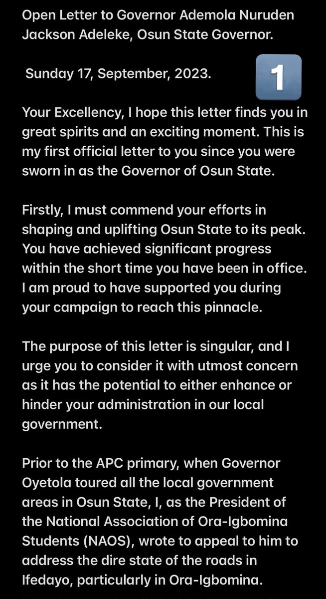 CaptainOla001's tweet photo. *Open Letter to Governor Ademola Nuruden Jackson Adeleke, Osun State Governor.* @AAdeleke_01 
 _Sunday 17, September, 2023. 
_ 
Your Excellency, I hope this letter finds you in great spirits and an exciting moment..
@OsunSSG @AdedapoTaiwoEm2 @AAdeleke_01 https://t.co/9ktZD4tEdw