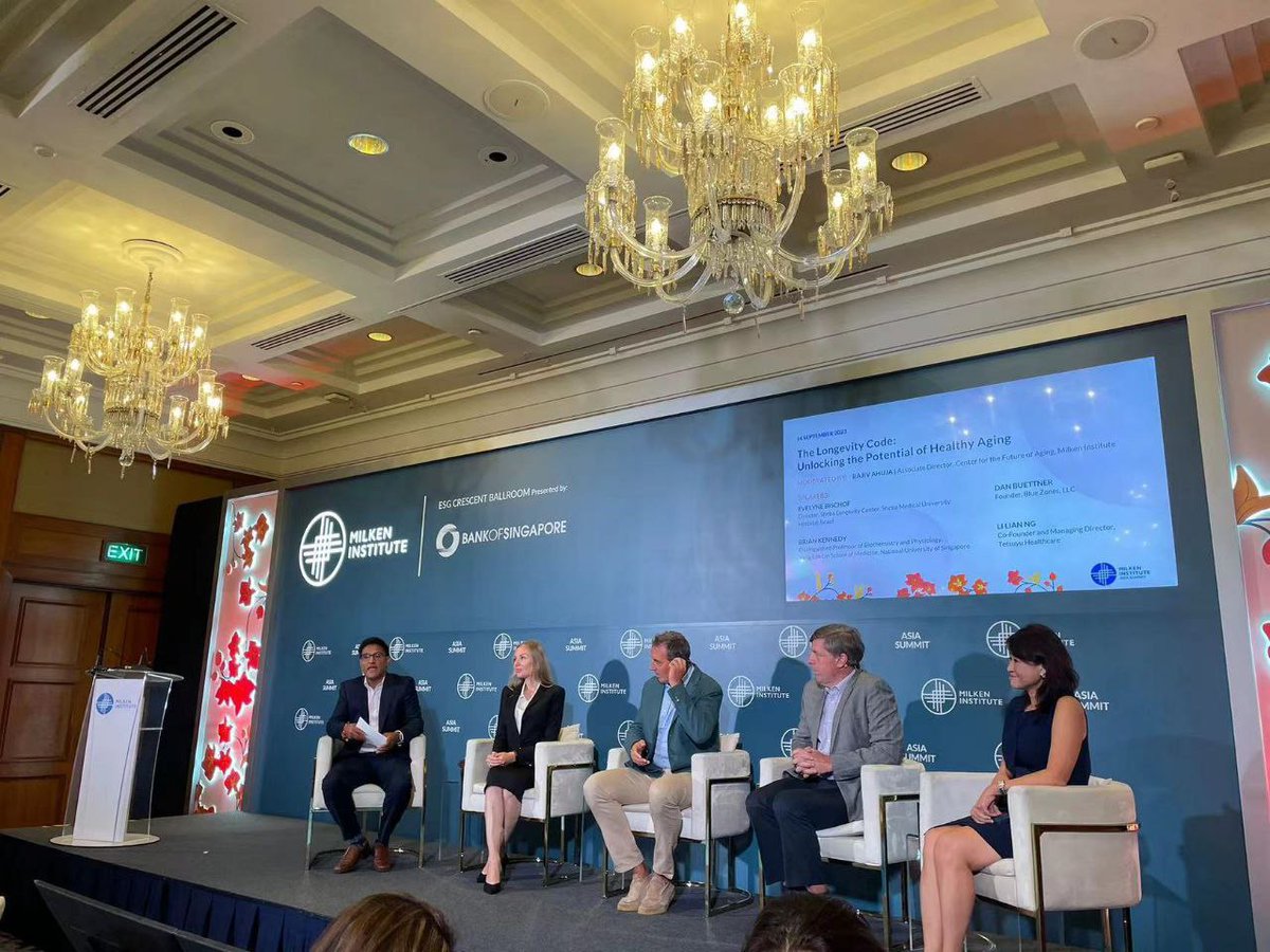 Grateful for the chance to speak at the 10th Annual Asia Summit by @MilkenInstitute alongside experts like @thedanbuettner, @BKennedy_aging, & Li Lian Ng. Our panel on 'The Longevity Code' explored ways to extend healthy longevity. Thanks to @rajahujaHQ for moderating! #Longevity