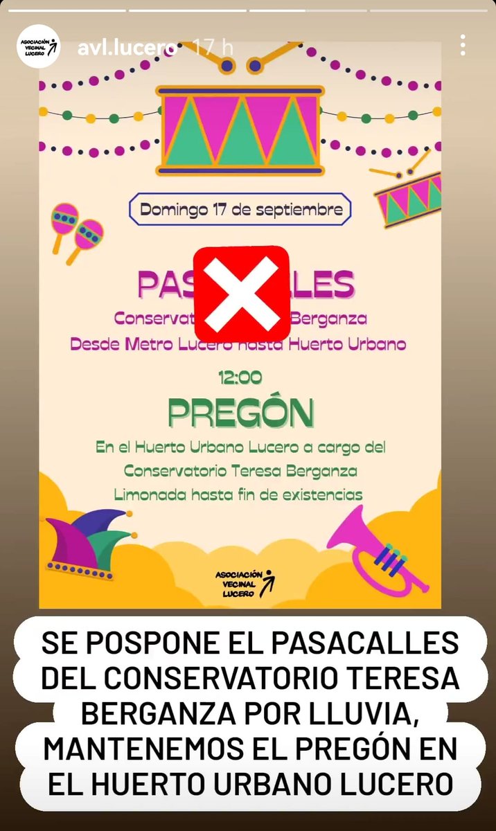 Recordad que el pasacalles se ha cancelado por lluvia, pero se mantiene el pregón.

Nos vemos en un rato