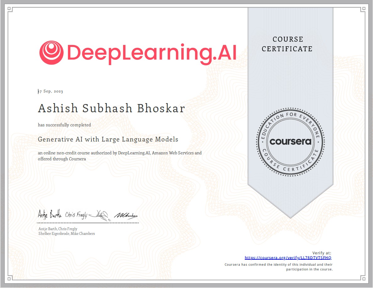 asbhosekar's tweet photo. I completed Generative AI with Large Language Models! Check out my certificate https://t.co/xhDQyInpKd #Coursera https://t.co/v94FvaooAK