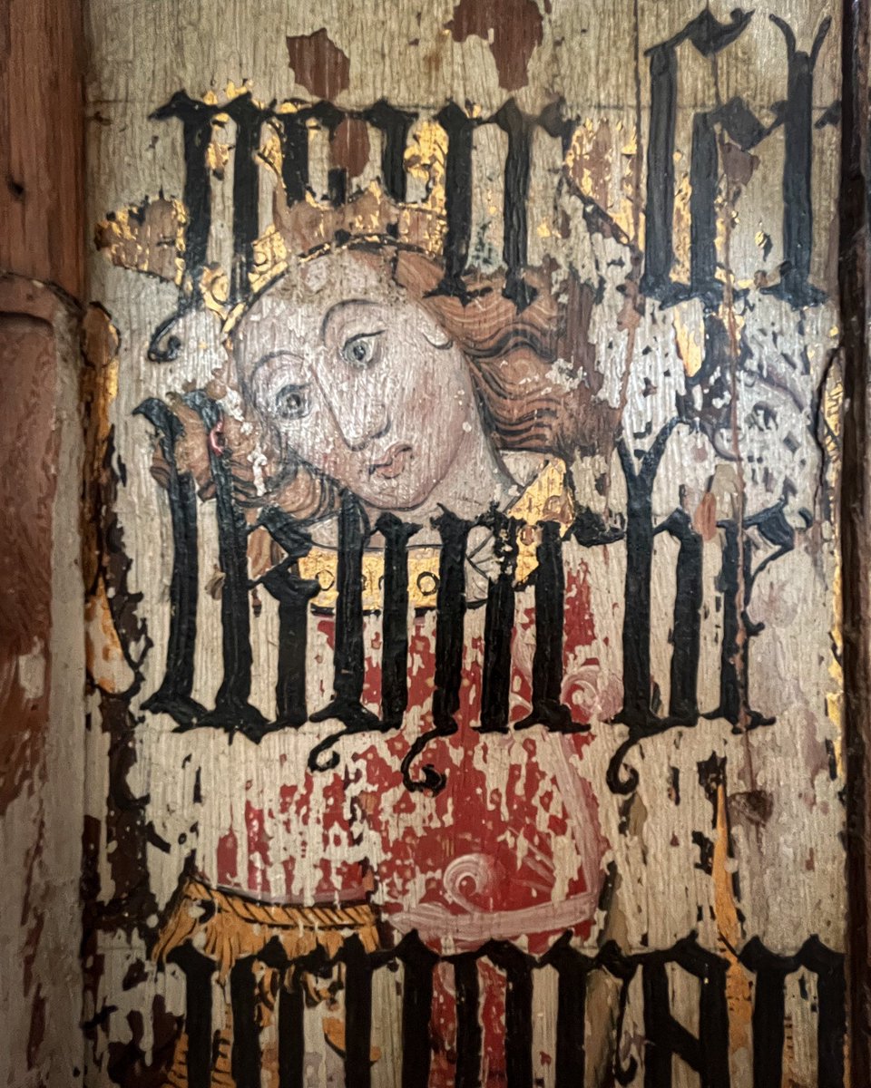 One of the great visual reminders of the English reformation. St Michael emerging ghostlike from the whitewashed rood screen dado panel at Binham Priory, Norfolk. Biblical texts stamped across this once elegant and compelling work of high gothic religious art:
