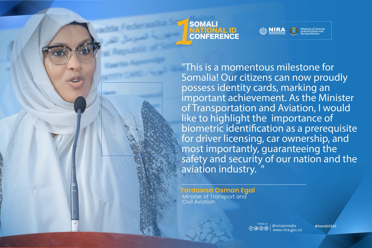 MoIFARSomalia's tweet image. The Minister of Transport and Civil Aviation H.E. @fardowsaegal at the 1st Somali National ID Conference.

#NationalIDConference #MoIFAR #ID4All #SNIDC2023