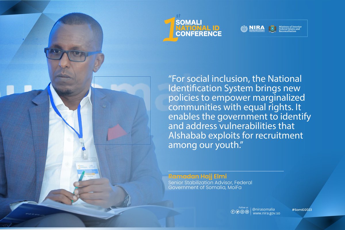 MoIFARSomalia's tweet image. Senior Stabilisition Advisor of the Ministry of Interior, Federal Affairs and Reconciliation, Ramadan Elmi at the 1st Somali National ID Conference.

#NationalIDConference #MoIFAR #NIRA #ID4All #SNIDC2023