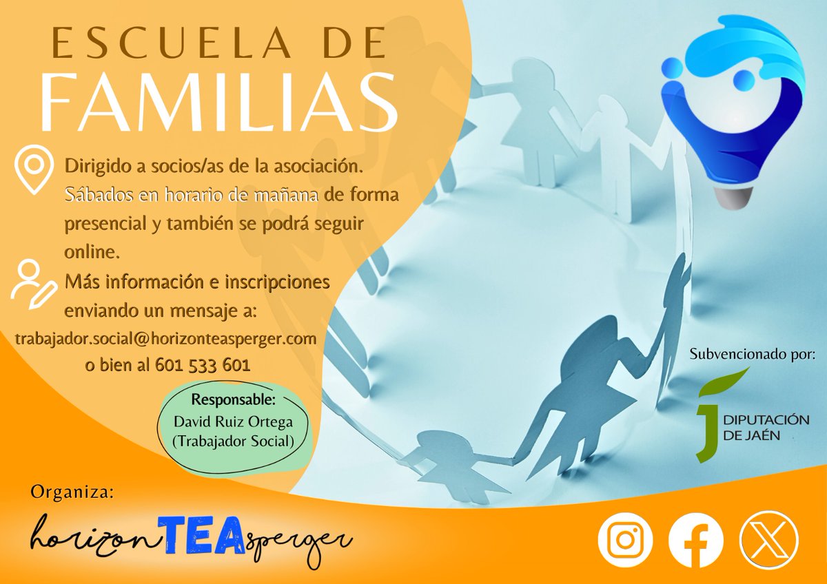 HorizonTEAsperger (@horizonteasper) on Twitter photo Escuela de Familias HorizonTEAsperger 🫂
La primera sesión será el próximo 23 de septiembre en la sede de Jaén (Calle del Rastro, 8) a partir de las 10:00 h. Pueden inscribirse a través del 601 533 601 o por medio de correo electrónico (trabajador.social@horizonteasperger.com). Escuela de Familias HorizonTEAsperger 🫂
La primera sesión será el próximo 23 de septiembre en la sede de Jaén (Calle del Rastro, 8) a partir de las 10:00 h. Pueden inscribirse a través del 601 533 601 o por medio de correo electrónico (trabajador.social@horizonteasperger.com).