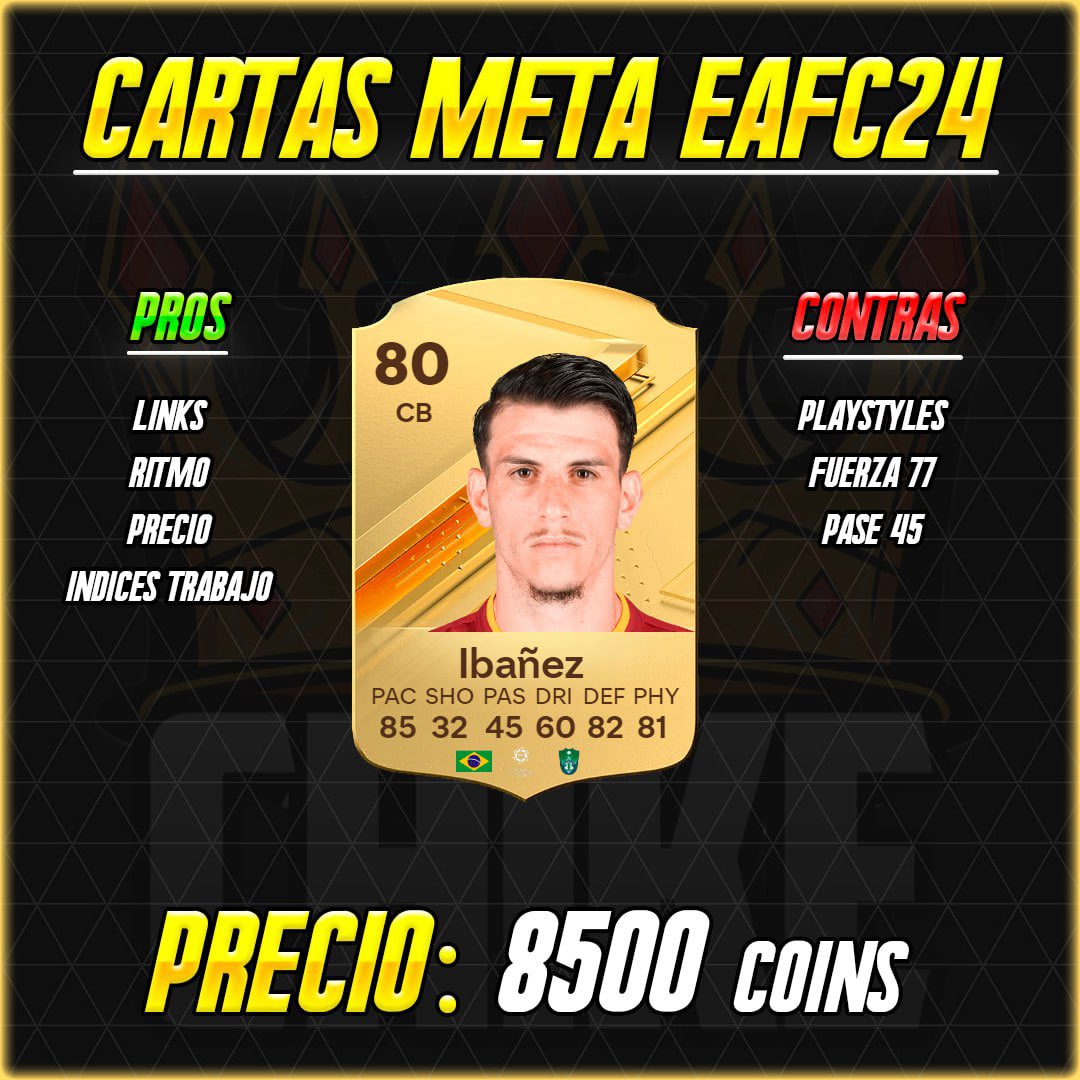 Tradeos_Chike's tweet image. 🇧🇷 CARTAS META IBAÑEZ 🇧🇷

Creemos que va a ser importante al inicio de EAFC24. Es una carta con mucho ritmo, algo que le encanta a la comunidad, además de tener unas estadísticas de defensa bastante decentes. Lo mejor de todo es los links que aporta a la liga árabe. #EAFC24