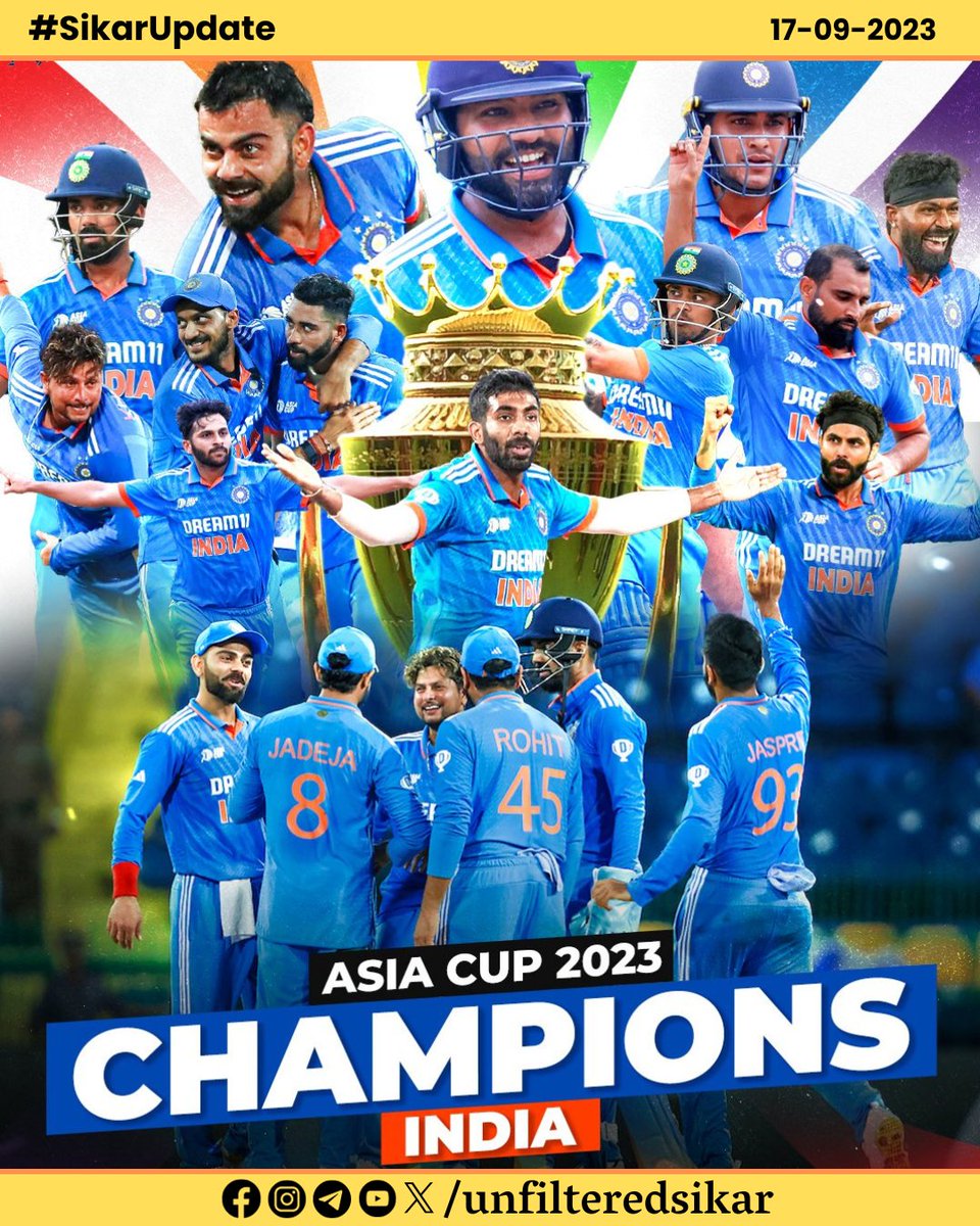 UnfilteredSikar's tweet photo. CHAMPIONS! 🇮🇳#TeamBharat clinches the #AsiaCup2023 with an extraordinary display of dominance, chasing down an easy target against Sri Lanka with all 10 wickets in spare! 🙌🌟 Kudos to the entire squad for their incredible performance! 🎉

#AsiaCupFinal #INDvSL #INDvsSL https://t.co/Azm25ESV71