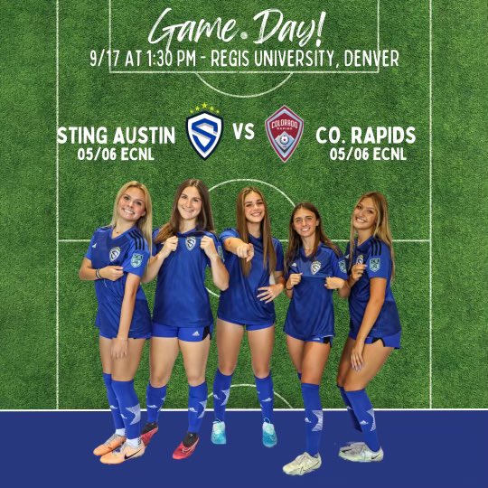 We wrap up our Mile High road trip today vs. <a href="/CORapids06ECNL/">Rapids 05/06G ECNL</a>. Finish #StingStrong! <a href="/CUBuffsSoccer/">Colorado Buffaloes Soccer</a> <a href="/DU_WSoccer/">Denver Women's Soccer</a> <a href="/CSUFutbol/">Colorado State Soccer</a> <a href="/wyosoccer/">Wyoming Cowgirl Soccer</a> <a href="/AF_WSOC/">Air Force Women's Soccer</a> <a href="/mineswsoc/">Mines Women's Soccer</a> <a href="/regiswsoc/">Regis University Women's Soccer</a> <a href="/WomensSoccerCCU/">CCU Women's Soccer</a> <a href="/uccswsoc/">UCCS Women's Soccer</a> <a href="/UNC_BearsSoccer/">UNC Women's Soccer</a> <a href="/sting_austin/">Sting Austin</a> <a href="/EcnlTexas/">ECNL Girls Texas Conference</a> <a href="/TopDrawerSoccer/">TopDrawerSoccer</a> <a href="/ImCollegeSoccer/">College Soccer Truth ™</a> <a href="/ImYouthSoccer/">ECNL/GA/Recruiting/College Soccer</a>