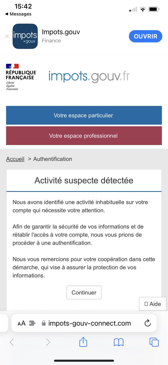 Sebo471's tweet image. #Micode  #PireArnaqueSMS Voici un exemple de belle arnaque à la sauce impôts.
Le site de phishing arrive même à déclencher la notification appli iOS des impôts.